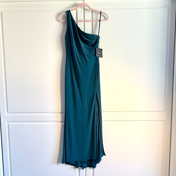 NWT Ieena for Mac Duggal One Shoulder Draped Back Gown in emerald green (Style # - Picture 5 of 14